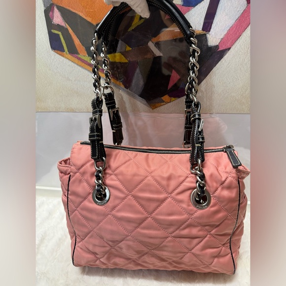 PRADA Salmon Pink Nylon Shoulder Bag with Black Saffiano Leather Strap - Picture 1 of 10